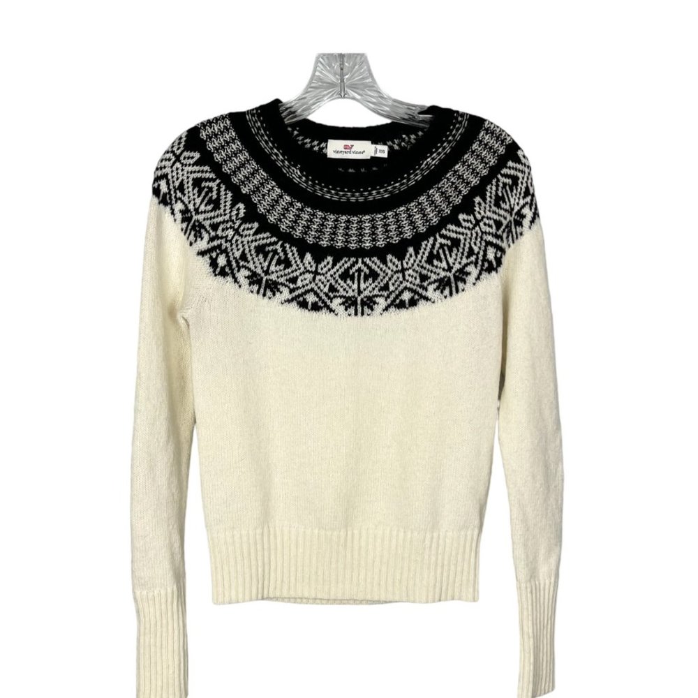 Vineyard Vines Womens Nordic Fair Isle Sweater White Black Wool Mohair size XXS